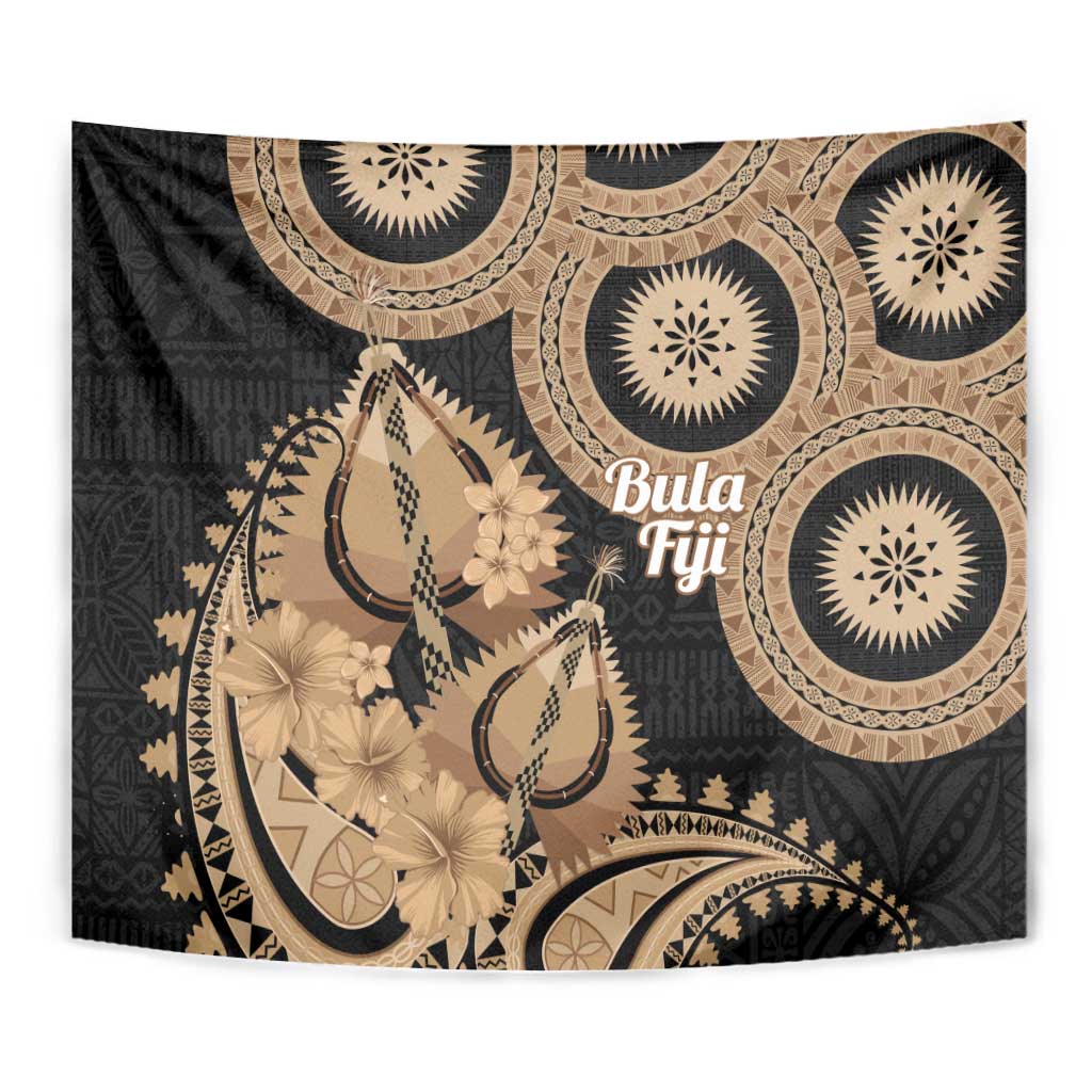 Black Bula Fiji Tapestry Fijian Dance Fan Tapa Cloth Pattern LT14 - Polynesian Pride