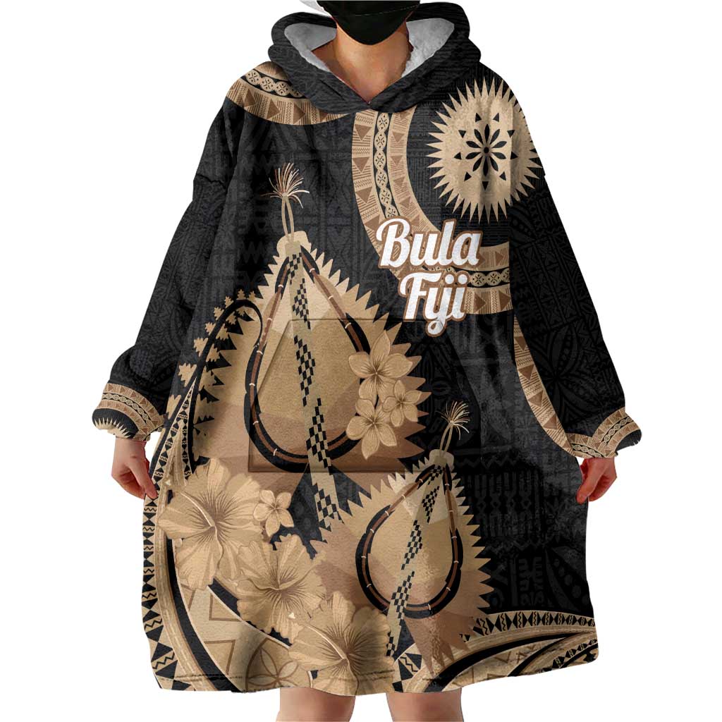 Black Bula Fiji Wearable Blanket Hoodie Fijian Dance Fan Tapa Cloth Pattern LT14 - Polynesian Pride