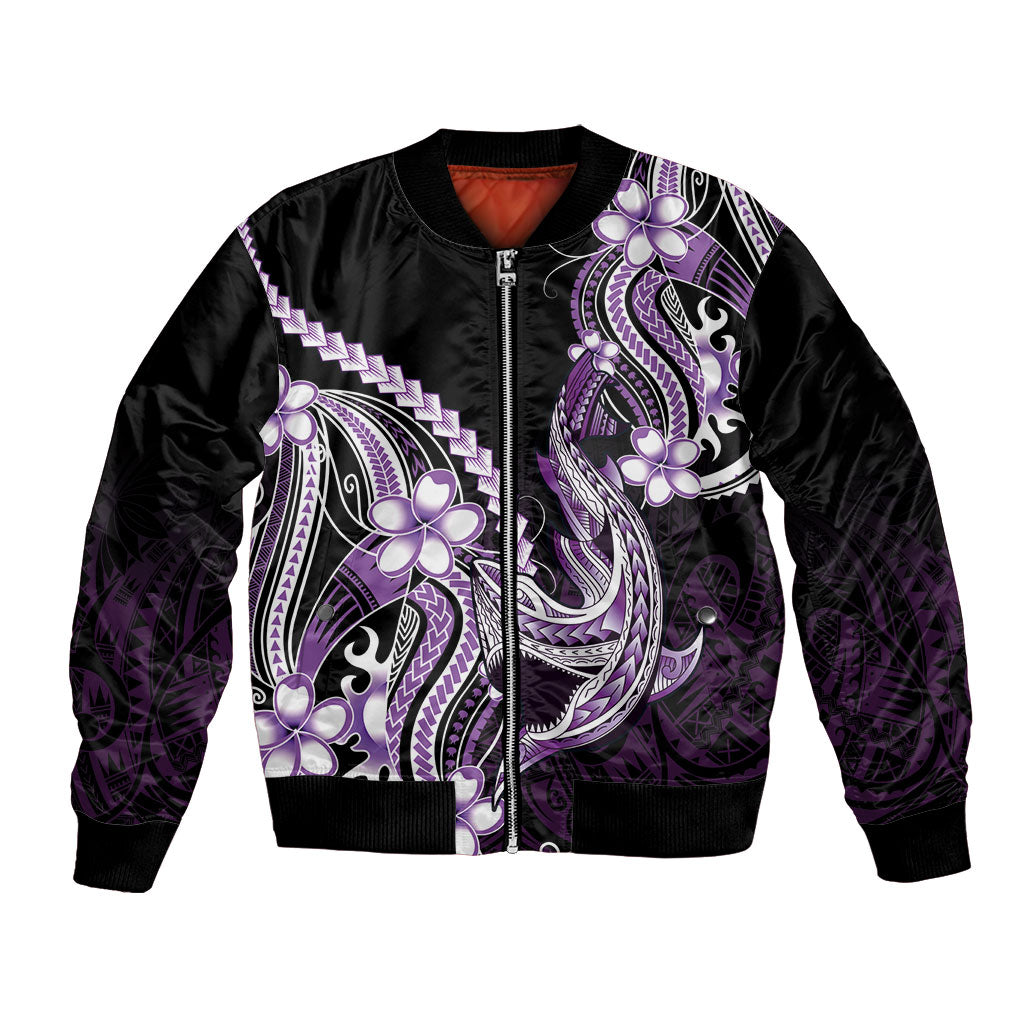 Purple Black Aloha Hawaii Bomber Jacket Polynesian Shark Tattoo Plumeria LT14 Unisex Purple - Polynesian Pride