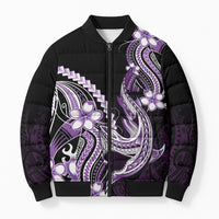 Purple Black Aloha Hawaii Bomber Puffer Jacket Polynesian Shark Tattoo Plumeria LT14 Unisex Purple - Polynesian Pride