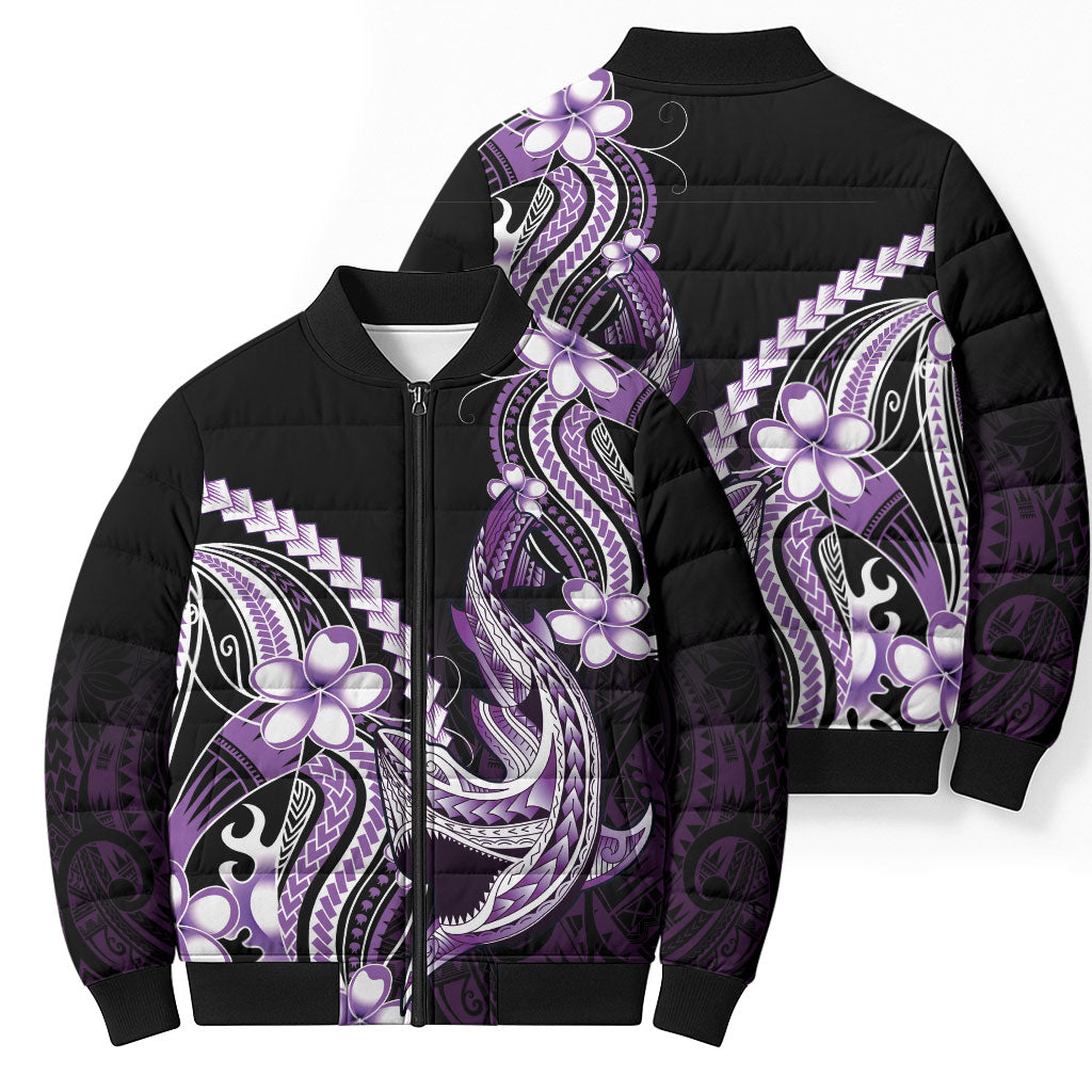 Purple Black Aloha Hawaii Bomber Puffer Jacket Polynesian Shark Tattoo Plumeria LT14 - Polynesian Pride