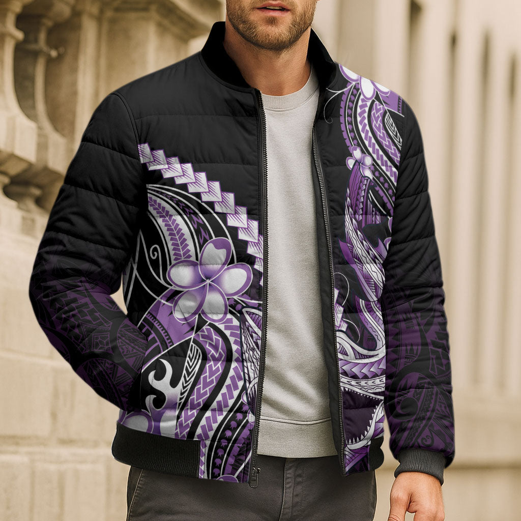 Purple Black Aloha Hawaii Bomber Puffer Jacket Polynesian Shark Tattoo Plumeria LT14 - Polynesian Pride