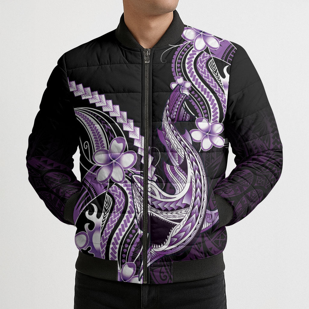 Purple Black Aloha Hawaii Bomber Puffer Jacket Polynesian Shark Tattoo Plumeria LT14 - Polynesian Pride