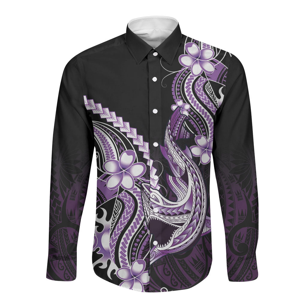 Purple Black Aloha Hawaii Long Sleeve Button Shirt Polynesian Shark Tattoo Plumeria LT14 Unisex Purple - Polynesian Pride