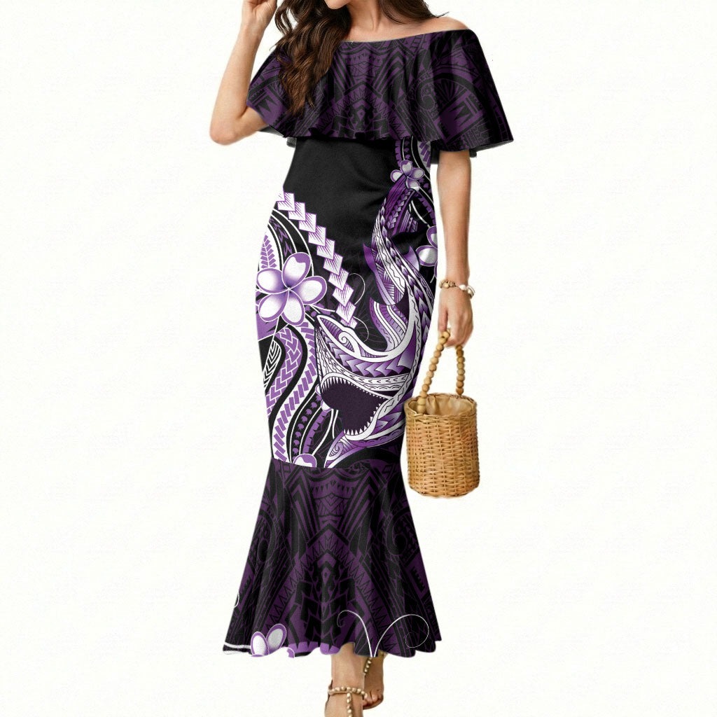 Purple Black Aloha Hawaii Mermaid Dress Polynesian Shark Tattoo Plumeria LT14 Women Purple - Polynesian Pride