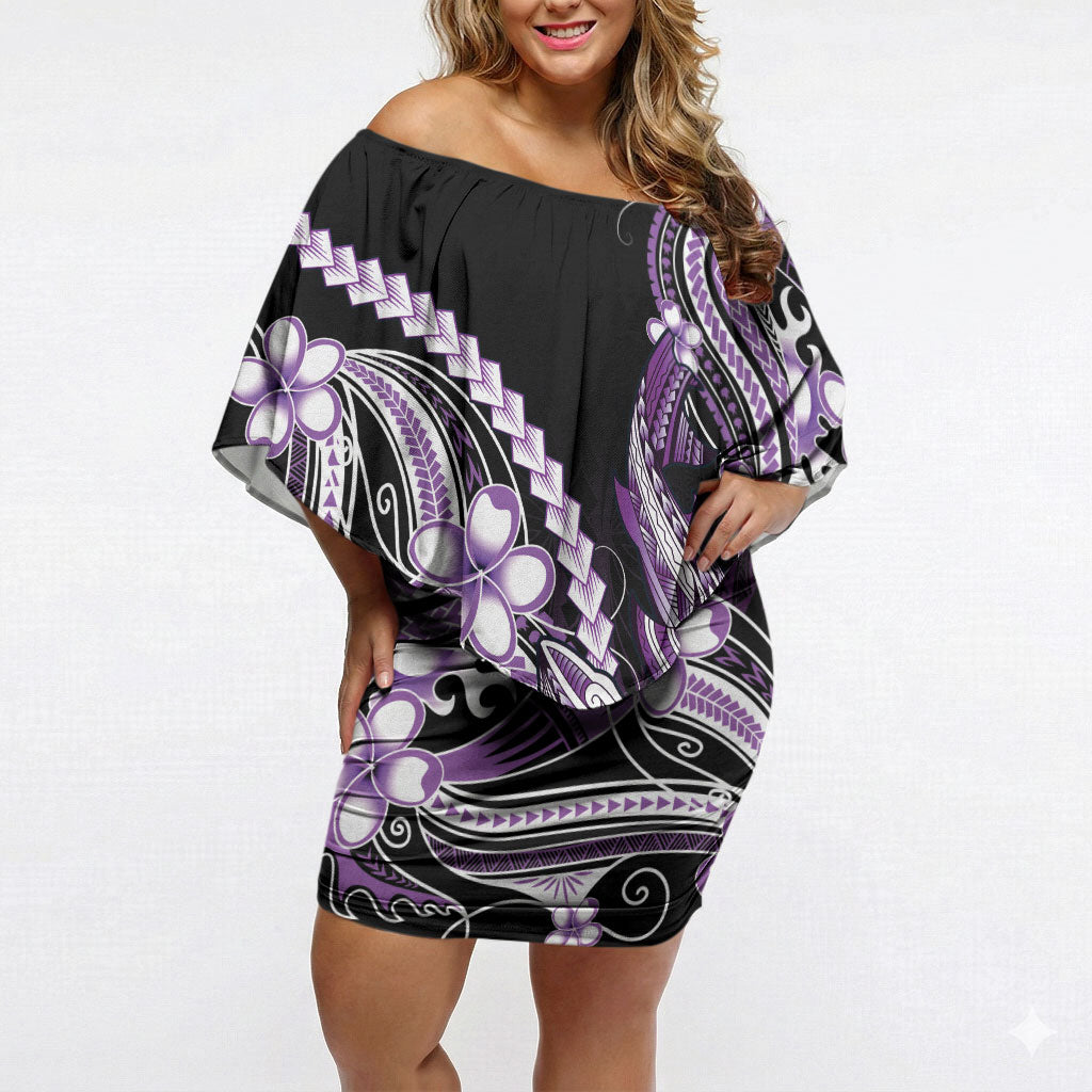 Purple Black Aloha Hawaii Off Shoulder Short Dress Polynesian Shark Tattoo Plumeria LT14 Women Purple - Polynesian Pride