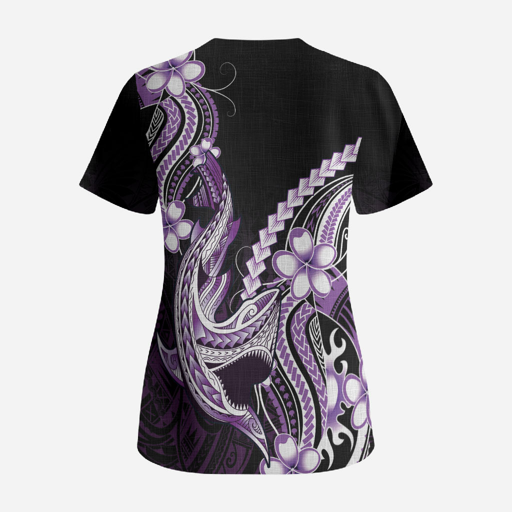 Purple Black Aloha Hawaii Scrub Top Polynesian Shark Tattoo Plumeria LT14 - Polynesian Pride