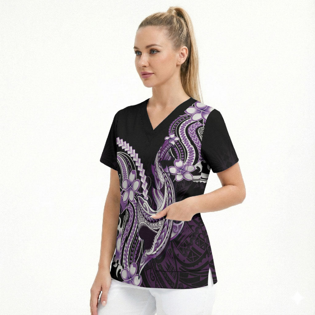 Purple Black Aloha Hawaii Scrub Top Polynesian Shark Tattoo Plumeria LT14 - Polynesian Pride