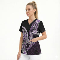 Purple Black Aloha Hawaii Scrub Top Polynesian Shark Tattoo Plumeria LT14 - Polynesian Pride