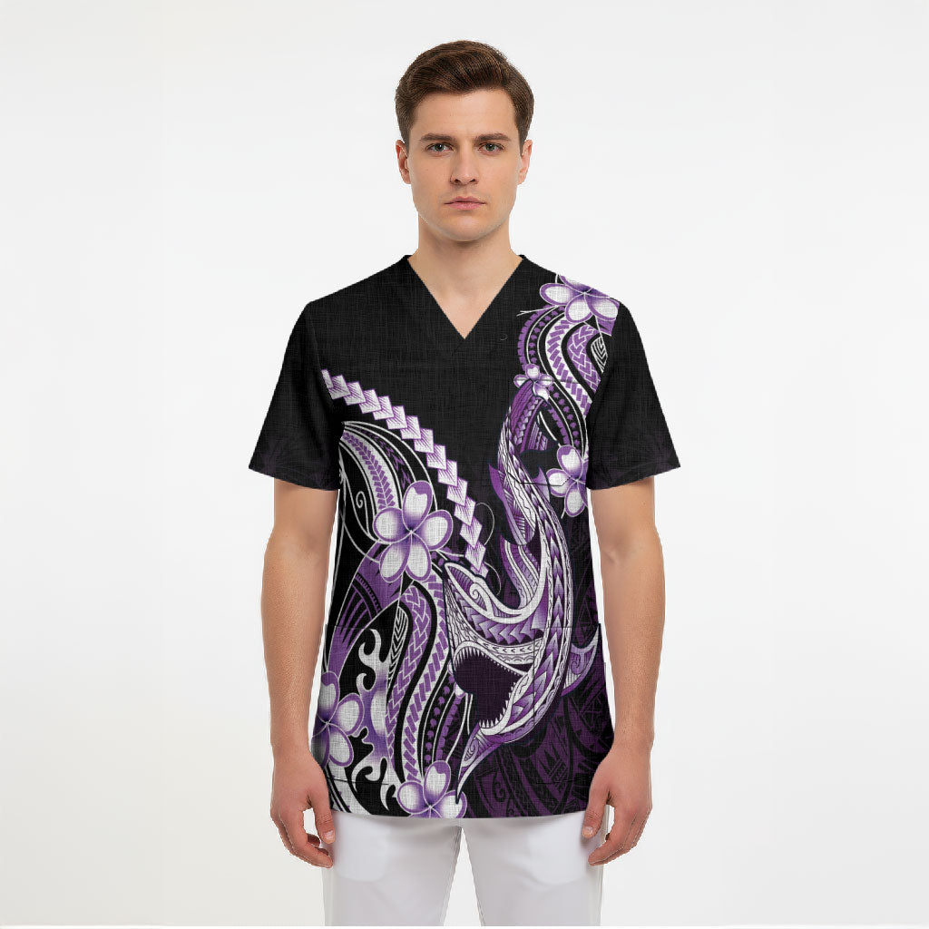 Purple Black Aloha Hawaii Scrub Top Polynesian Shark Tattoo Plumeria LT14 - Polynesian Pride