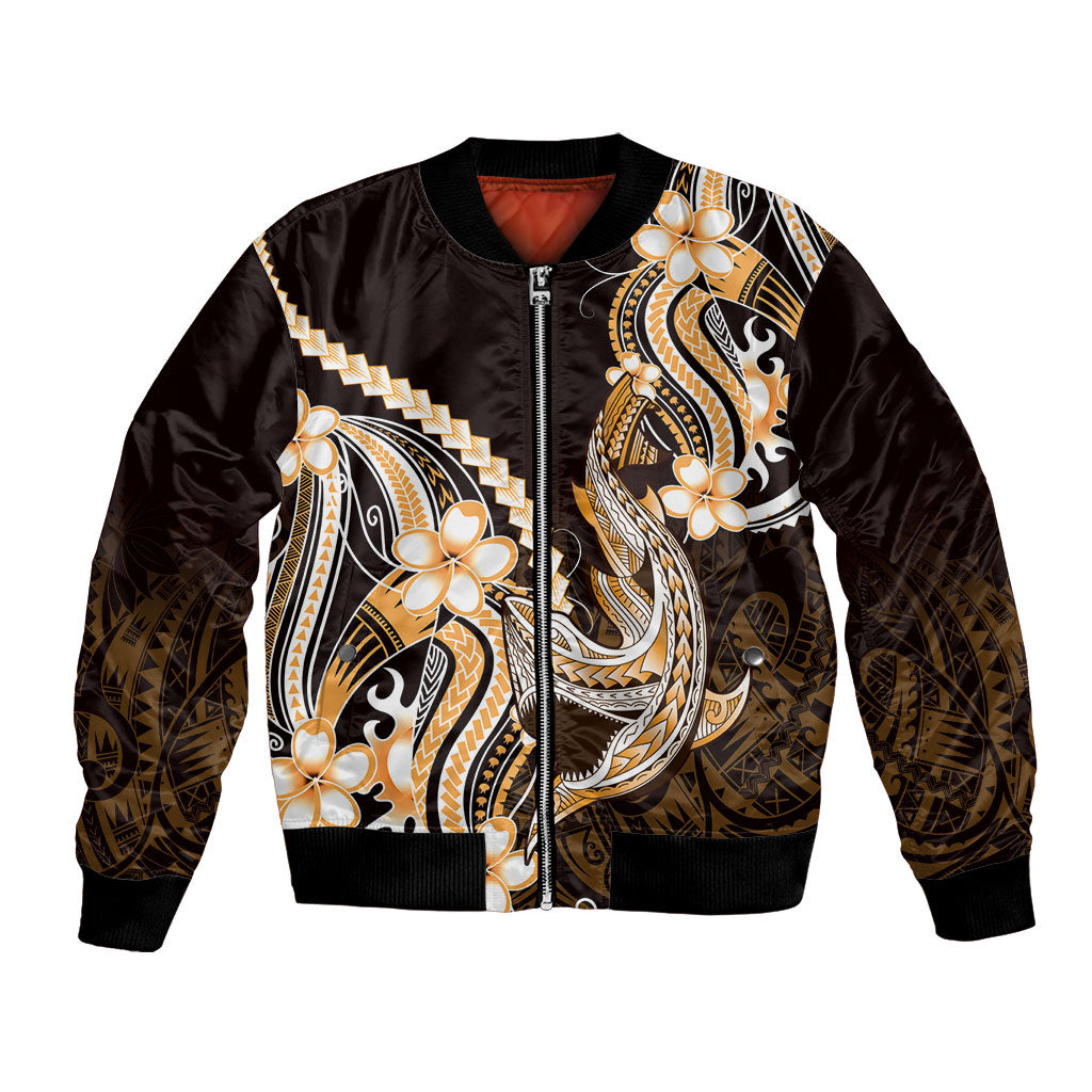 Orange Black Aloha Hawaii Bomber Jacket Polynesian Shark Tattoo Plumeria LT14 Unisex Orange - Polynesian Pride