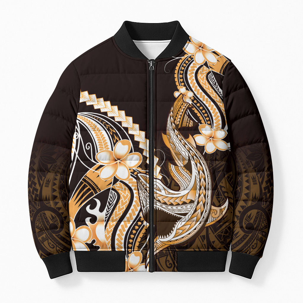 Orange Black Aloha Hawaii Bomber Puffer Jacket Polynesian Shark Tattoo Plumeria LT14 Unisex Orange - Polynesian Pride
