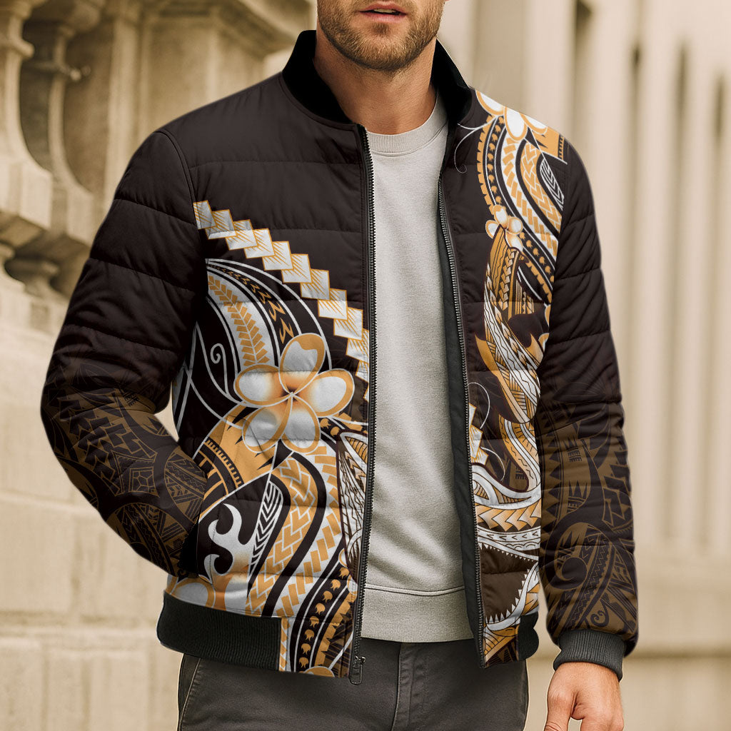 Orange Black Aloha Hawaii Bomber Puffer Jacket Polynesian Shark Tattoo Plumeria LT14 - Polynesian Pride