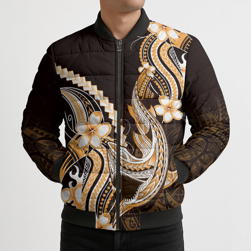 Orange Black Aloha Hawaii Bomber Puffer Jacket Polynesian Shark Tattoo Plumeria LT14 - Polynesian Pride