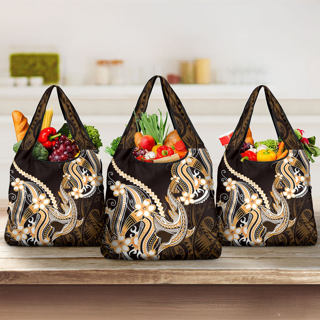 Orange Black Aloha Hawaii Grocery Bag Polynesian Shark Tattoo Plumeria LT14 3-pack One Size Orange - Polynesian Pride