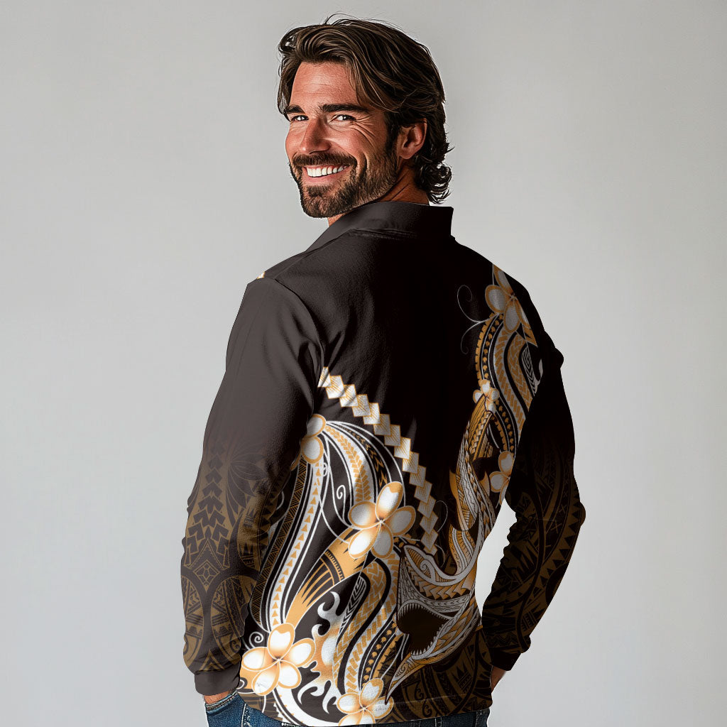 Orange Black Aloha Hawaii Long Sleeve Polo Shirt Polynesian Shark Tattoo Plumeria LT14 - Polynesian Pride