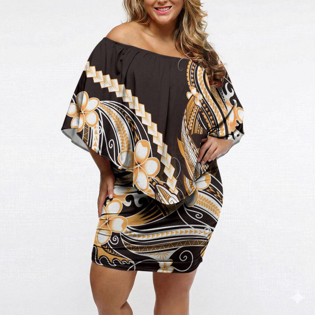Orange Black Aloha Hawaii Off Shoulder Short Dress Polynesian Shark Tattoo Plumeria LT14 Women Orange - Polynesian Pride
