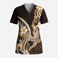 Orange Black Aloha Hawaii Scrub Top Polynesian Shark Tattoo Plumeria LT14 Adult Orange - Polynesian Pride