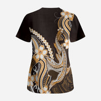 Orange Black Aloha Hawaii Scrub Top Polynesian Shark Tattoo Plumeria LT14 - Polynesian Pride