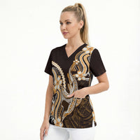 Orange Black Aloha Hawaii Scrub Top Polynesian Shark Tattoo Plumeria LT14 - Polynesian Pride