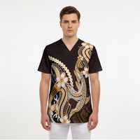 Orange Black Aloha Hawaii Scrub Top Polynesian Shark Tattoo Plumeria LT14 - Polynesian Pride