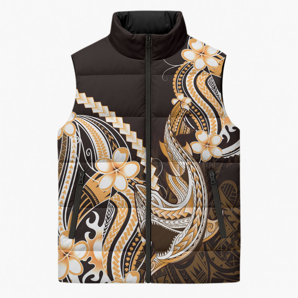 Orange Black Aloha Hawaii Sleeveless Puffer Jacket Polynesian Shark Tattoo Plumeria LT14 Unisex Orange - Polynesian Pride