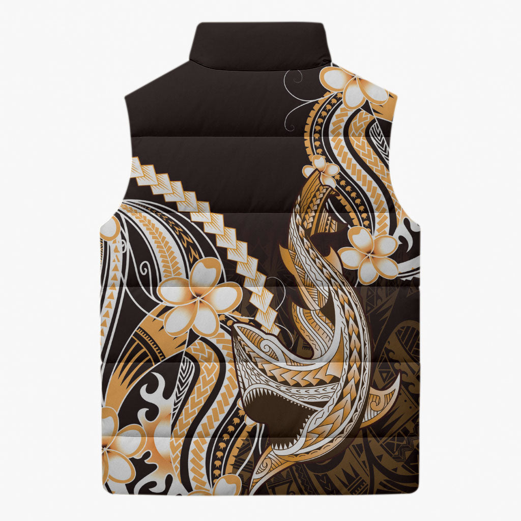 Orange Black Aloha Hawaii Sleeveless Puffer Jacket Polynesian Shark Tattoo Plumeria LT14 - Polynesian Pride