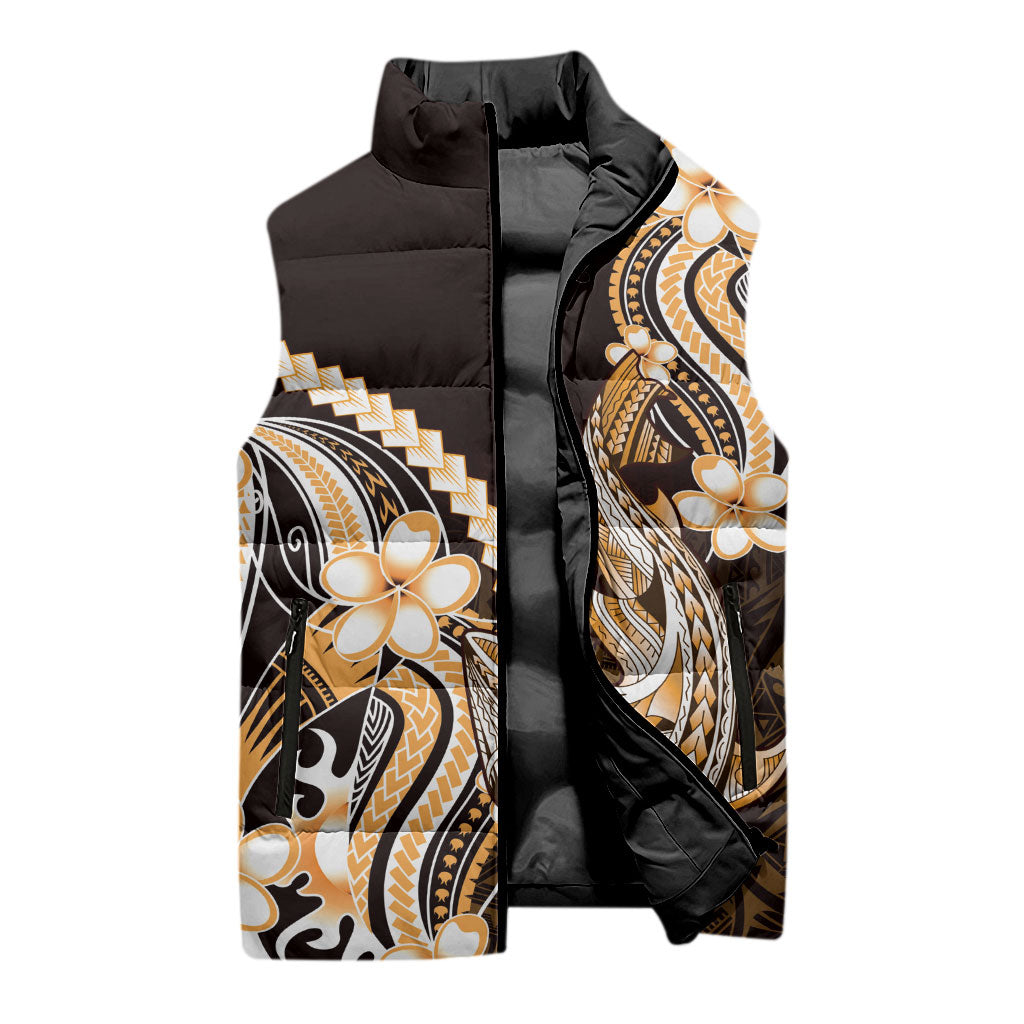 Orange Black Aloha Hawaii Sleeveless Puffer Jacket Polynesian Shark Tattoo Plumeria LT14 - Polynesian Pride