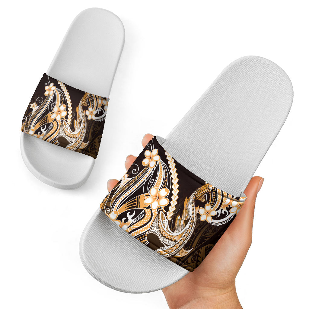 Orange Black Aloha Hawaii Slide Sandals Polynesian Shark Tattoo Plumeria LT14 - Polynesian Pride