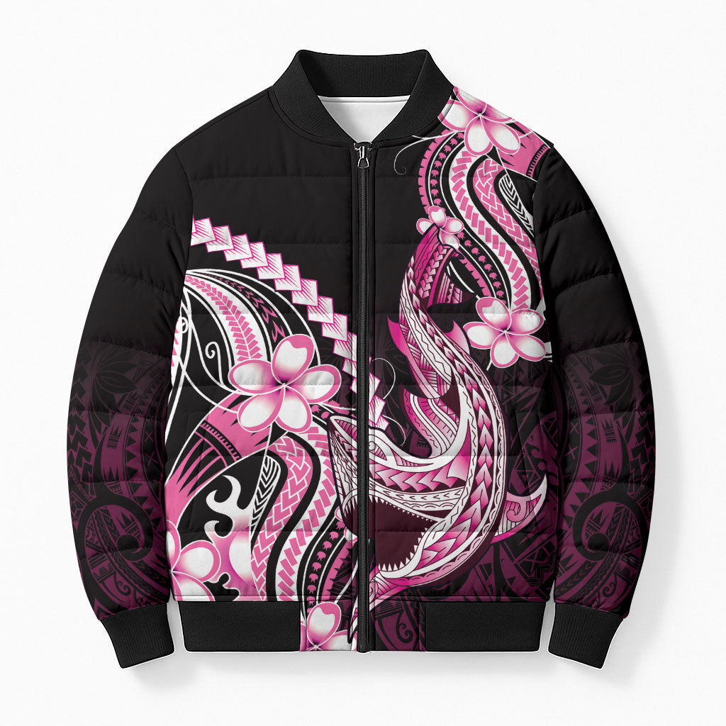 Pink Black Aloha Hawaii Bomber Puffer Jacket Polynesian Shark Tattoo Plumeria LT14 Unisex Pink - Polynesian Pride