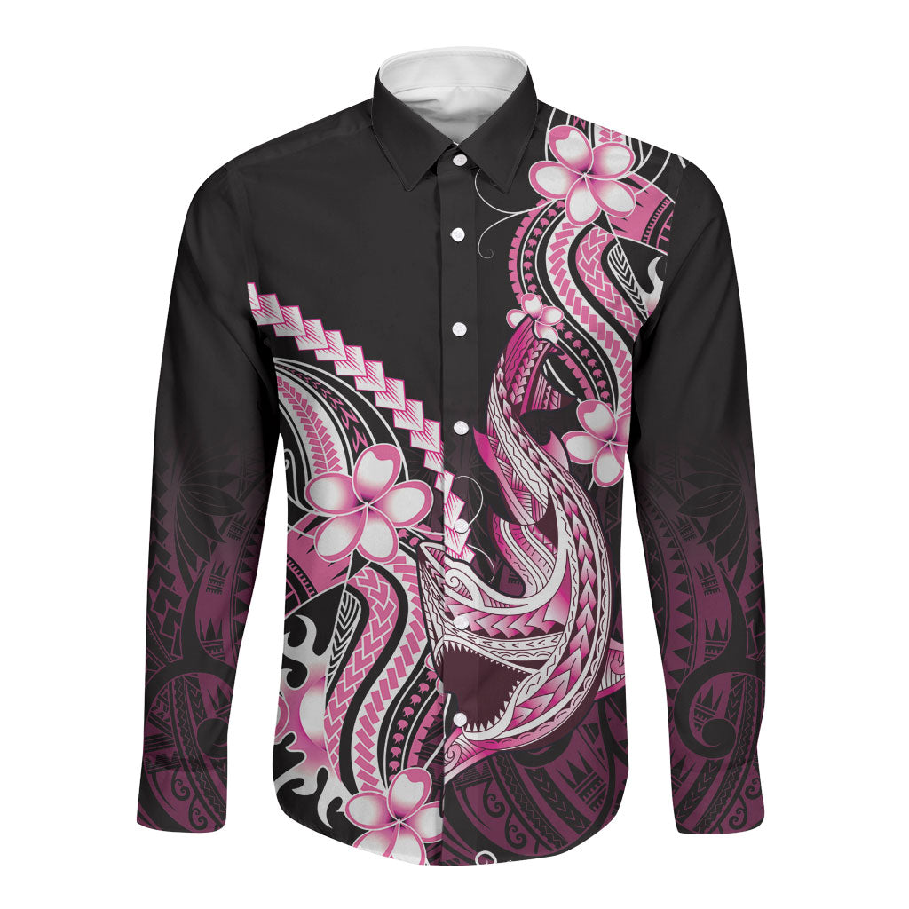 Pink Black Aloha Hawaii Long Sleeve Button Shirt Polynesian Shark Tattoo Plumeria LT14 Unisex Pink - Polynesian Pride