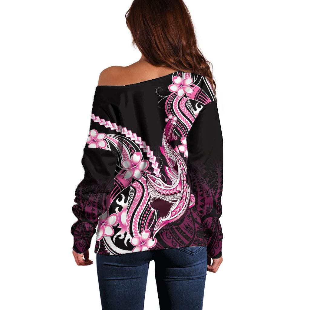 Pink Black Aloha Hawaii Off Shoulder Sweater Polynesian Shark Tattoo Plumeria LT14 - Polynesian Pride