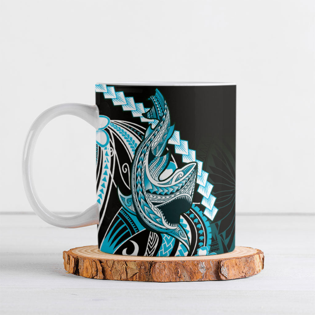 Blue Black Aloha Hawaii Ceramic Mug Polynesian Shark Tattoo Plumeria LT14 Blue - Polynesian Pride