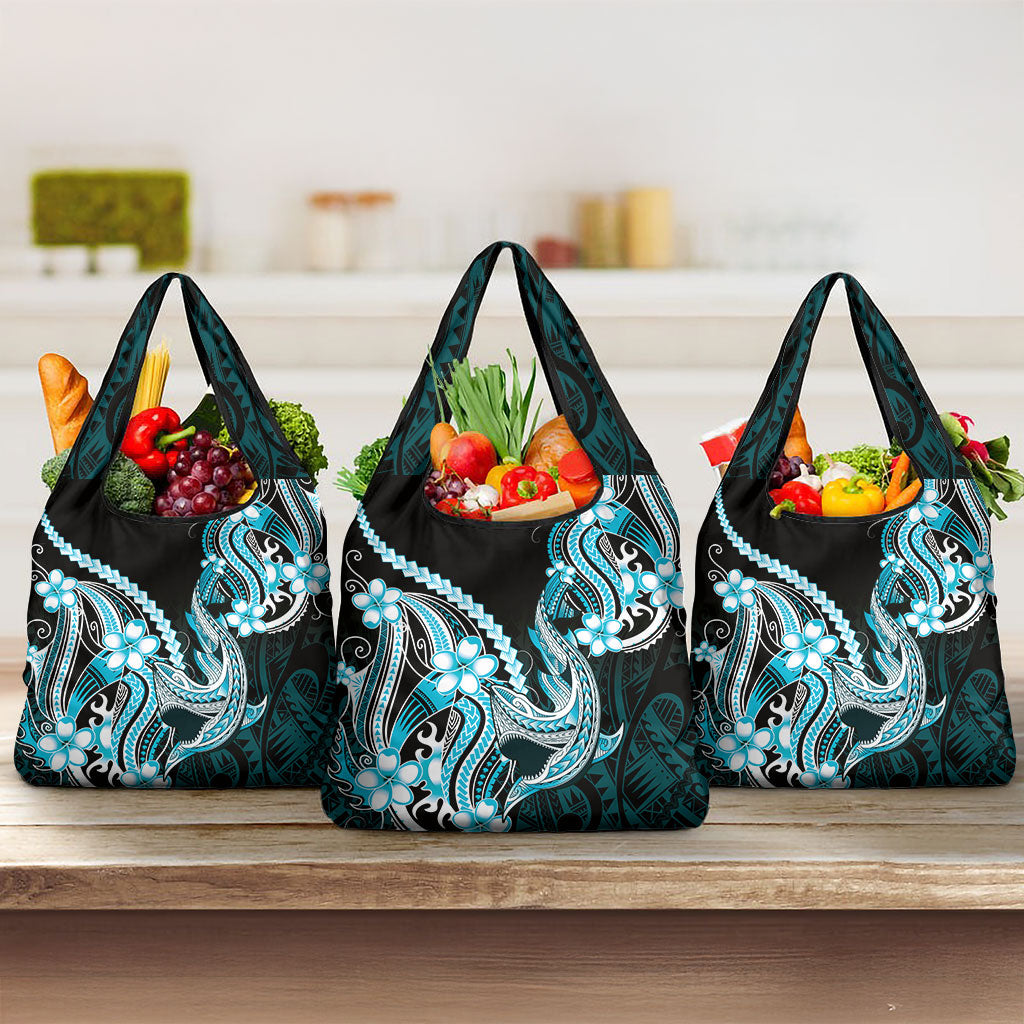Blue Black Aloha Hawaii Grocery Bag Polynesian Shark Tattoo Plumeria LT14 3-pack One Size Blue - Polynesian Pride