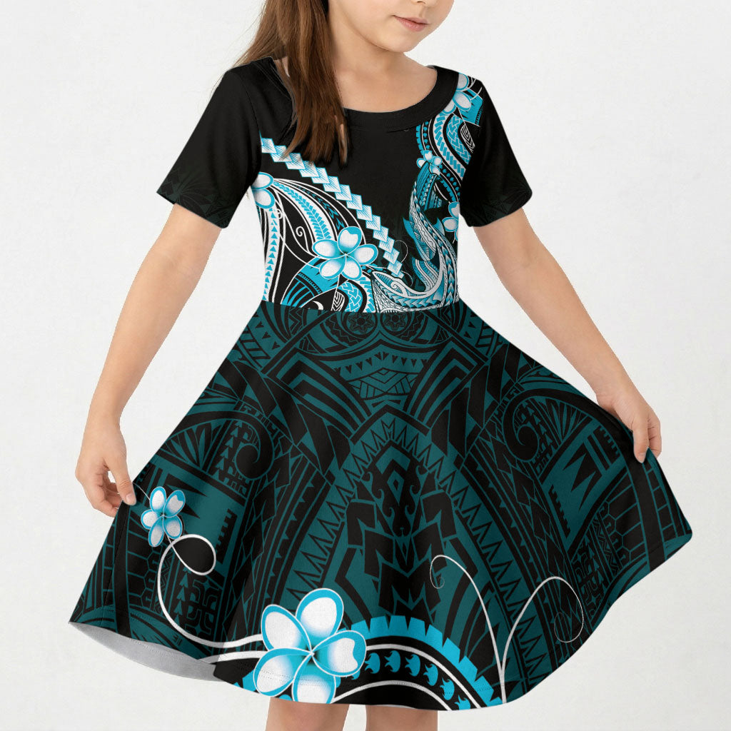 Blue Black Aloha Hawaii Kid Short Sleeve Dress Polynesian Shark Tattoo Plumeria LT14 KID Blue - Polynesian Pride