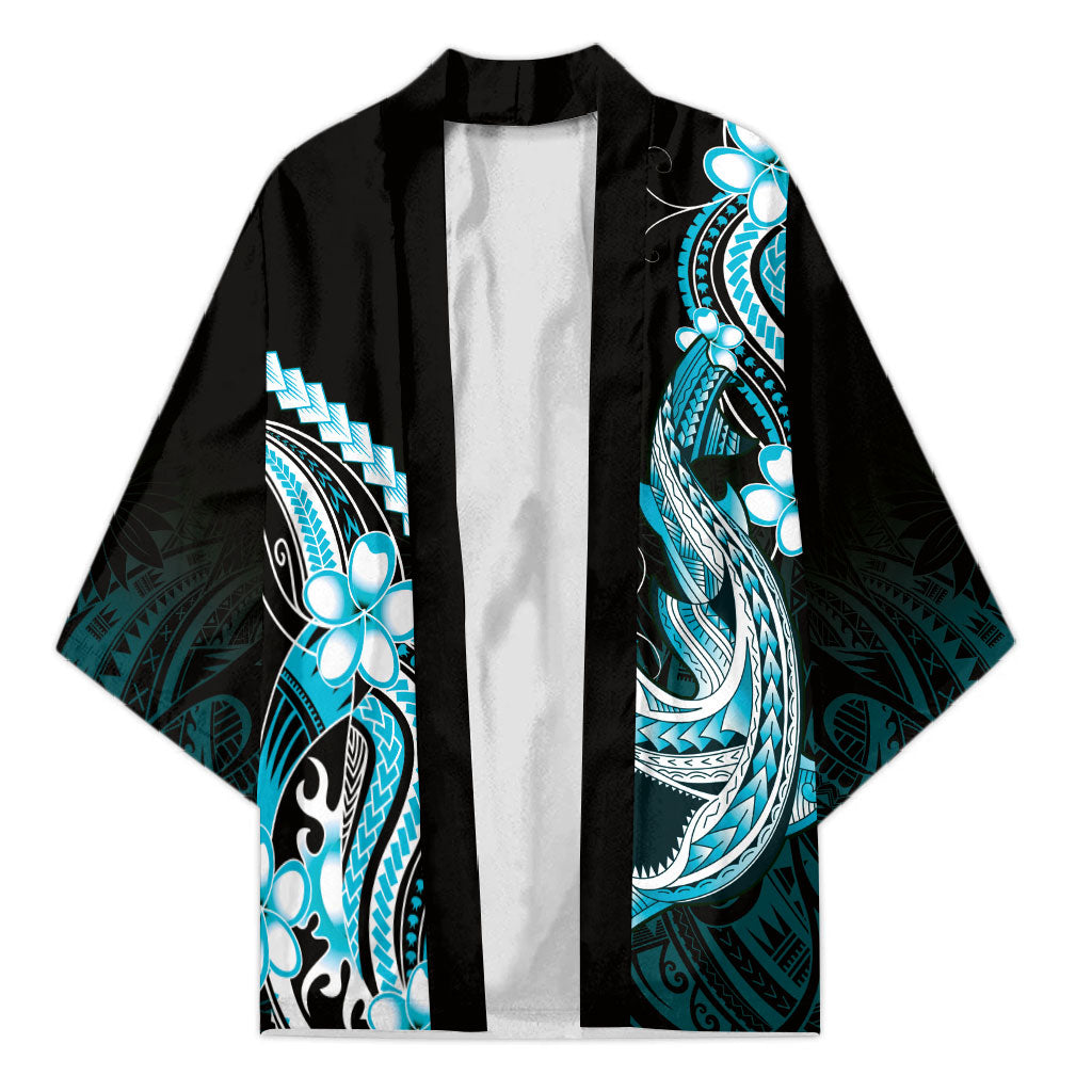 Blue Black Aloha Hawaii Kimono Polynesian Shark Tattoo Plumeria LT14 Unisex Blue - Polynesian Pride