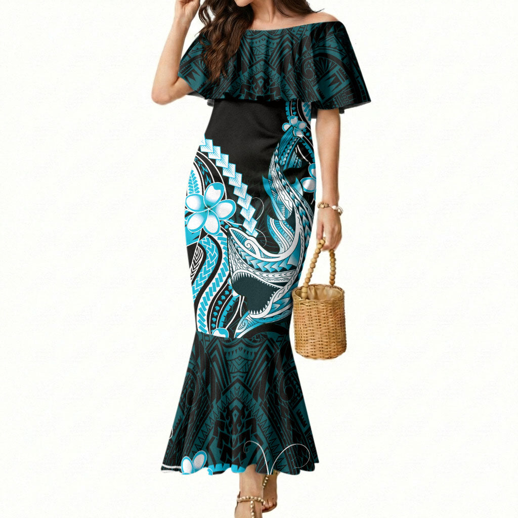 Blue Black Aloha Hawaii Mermaid Dress Polynesian Shark Tattoo Plumeria LT14 Women Blue - Polynesian Pride