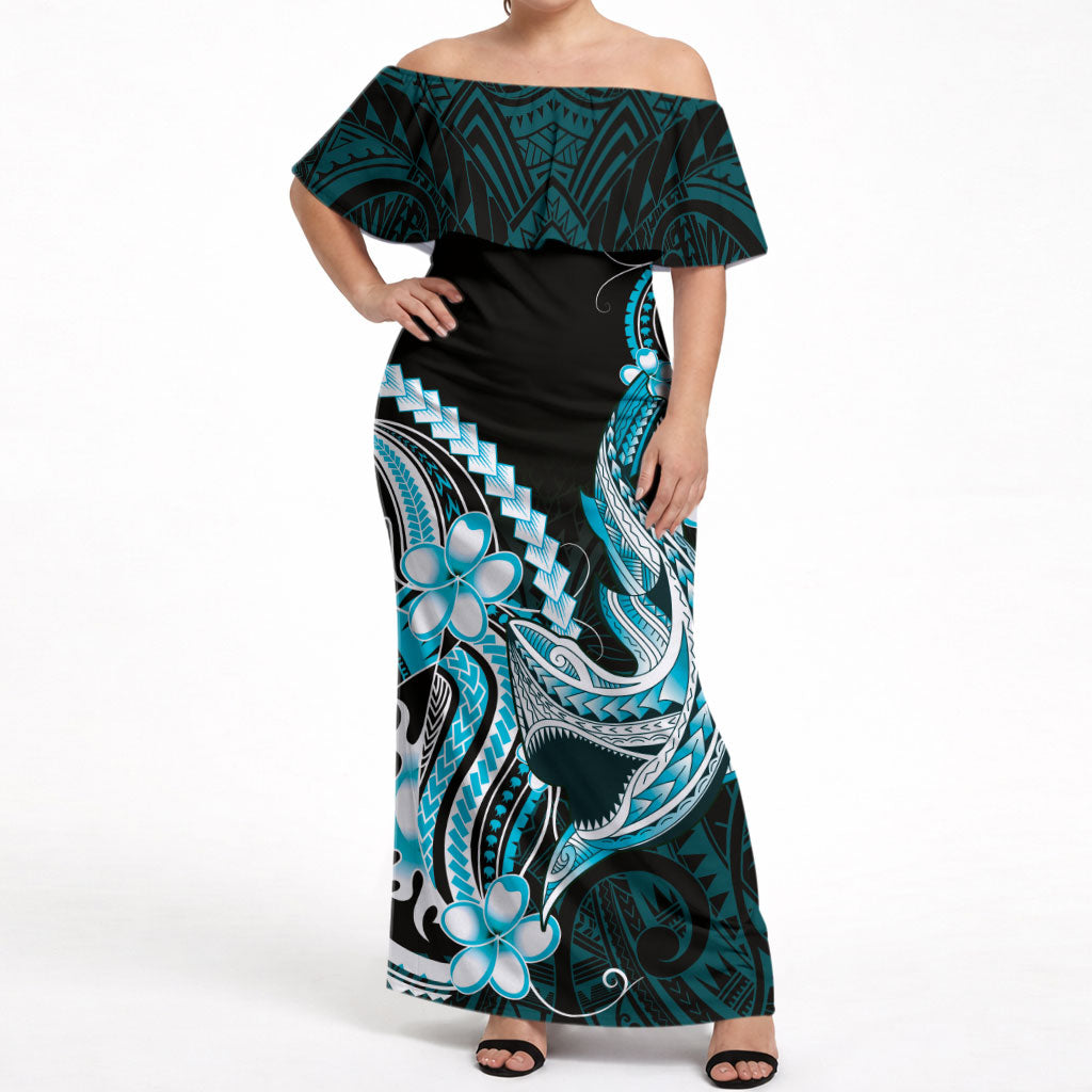 Blue Black Aloha Hawaii Off Shoulder Maxi Dress Polynesian Shark Tattoo Plumeria LT14 Women Blue - Polynesian Pride