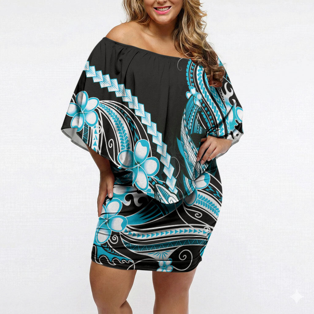 Blue Black Aloha Hawaii Off Shoulder Short Dress Polynesian Shark Tattoo Plumeria LT14 Women Blue - Polynesian Pride
