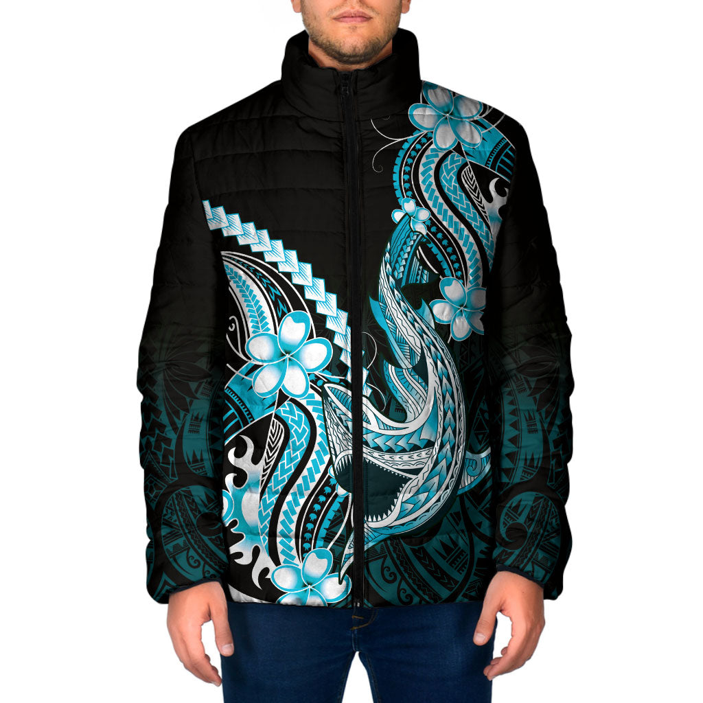 Blue Black Aloha Hawaii Padded Jacket Polynesian Shark Tattoo Plumeria LT14 Men Blue - Polynesian Pride
