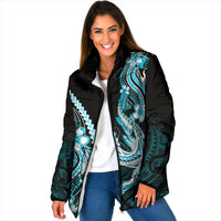 Blue Black Aloha Hawaii Padded Jacket Polynesian Shark Tattoo Plumeria LT14 Women Blue - Polynesian Pride