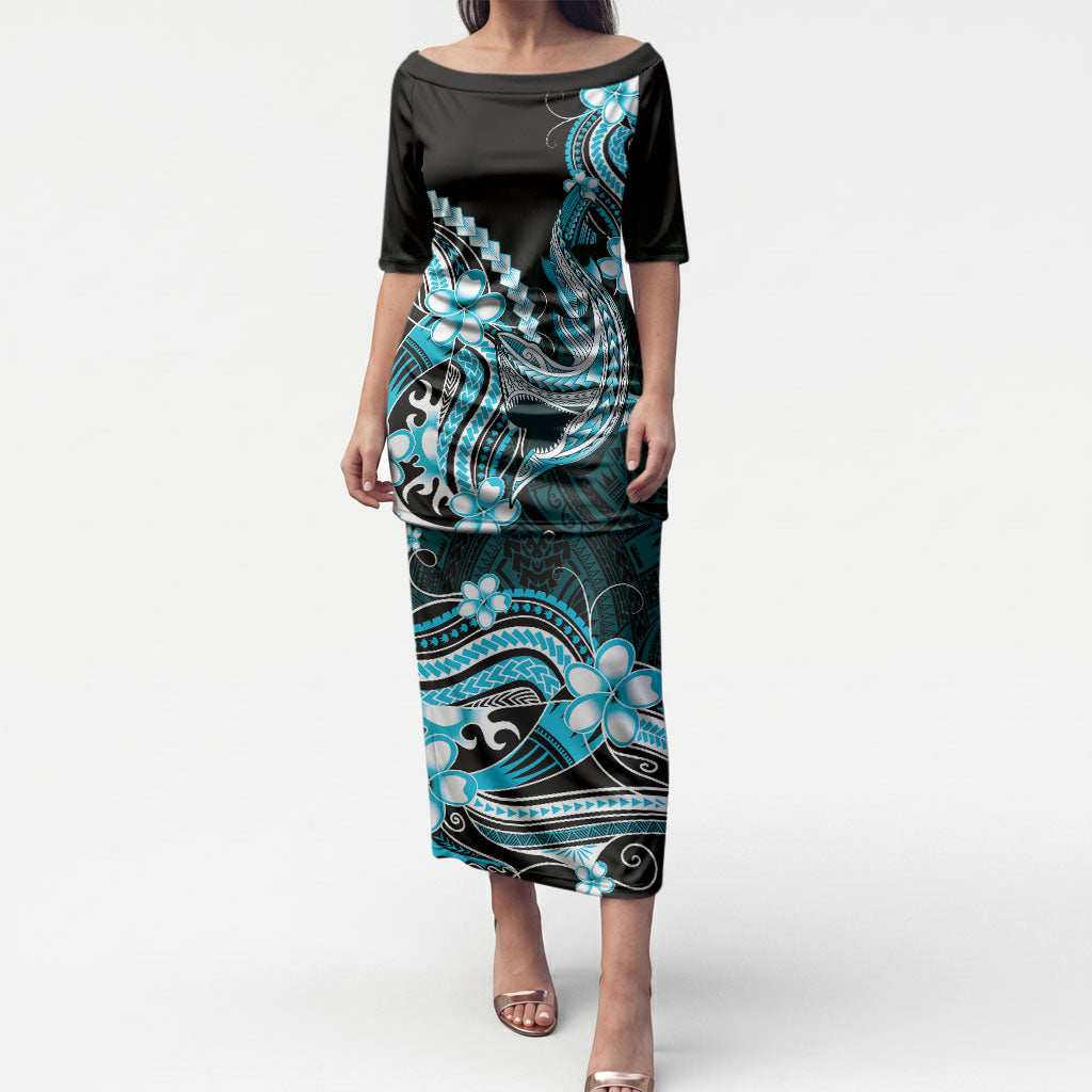 Blue Black Aloha Hawaii Puletasi Polynesian Shark Tattoo Plumeria LT14 Long Dress Blue - Polynesian Pride