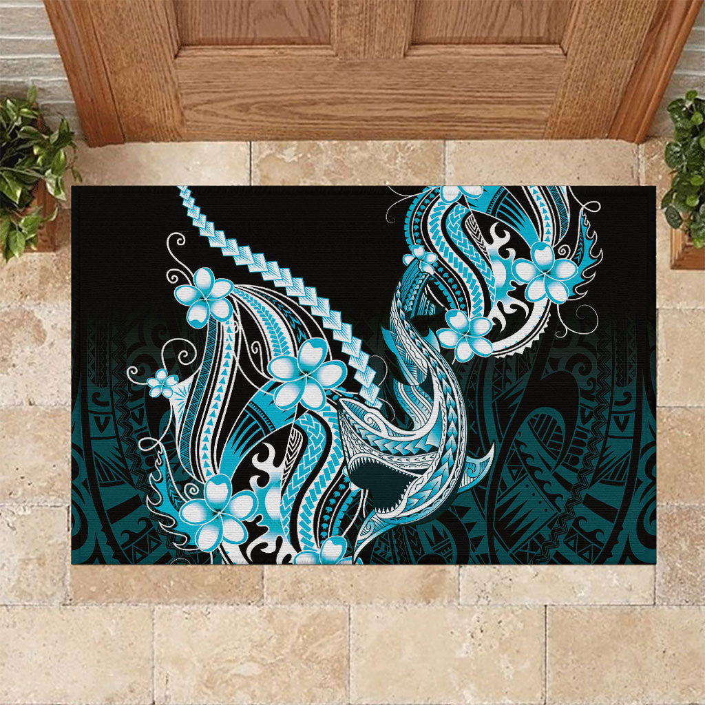 Blue Black Aloha Hawaii Rubber Doormat Polynesian Shark Tattoo Plumeria LT14 Blue - Polynesian Pride