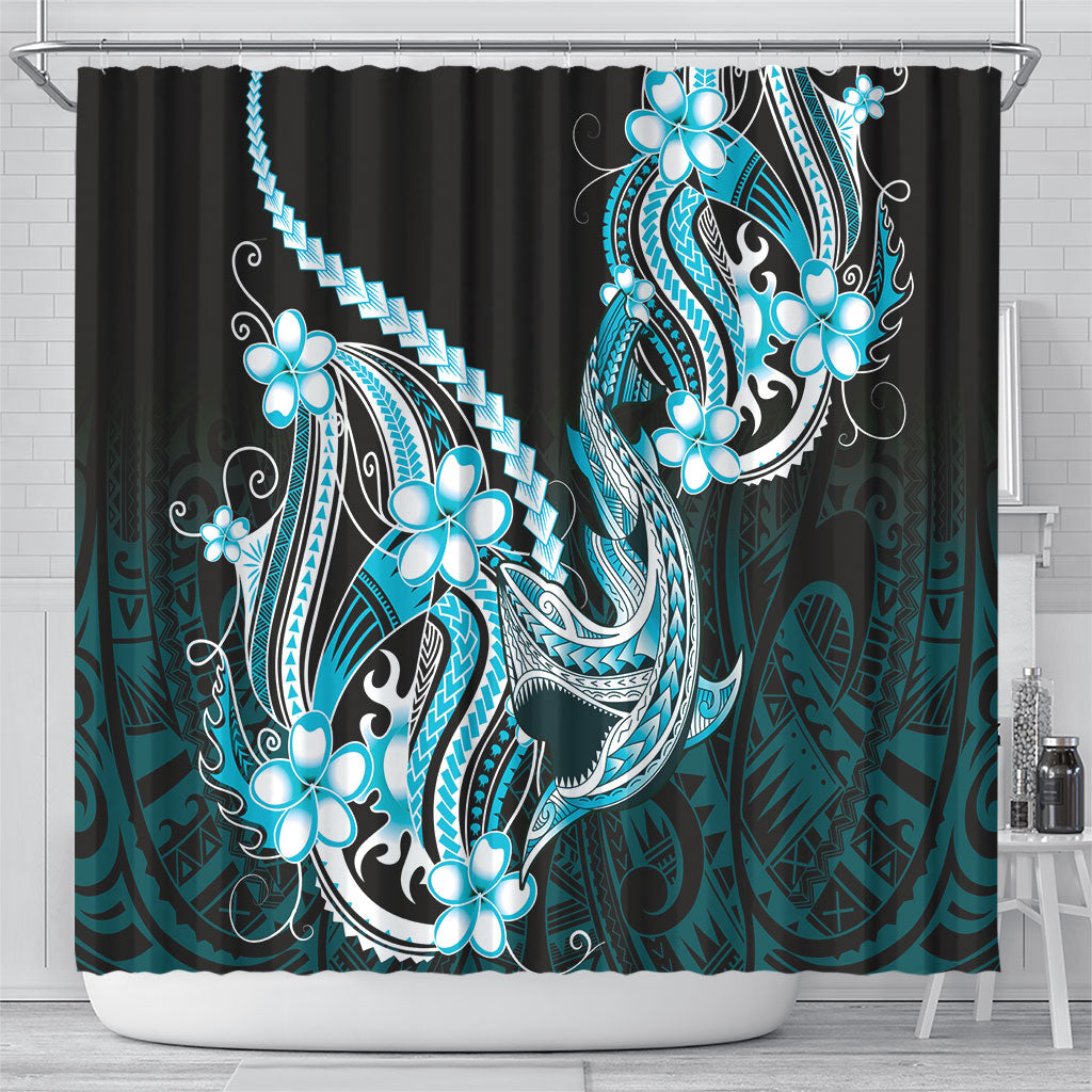 Blue Black Aloha Hawaii Shower Curtain Polynesian Shark Tattoo Plumeria LT14 - Polynesian Pride