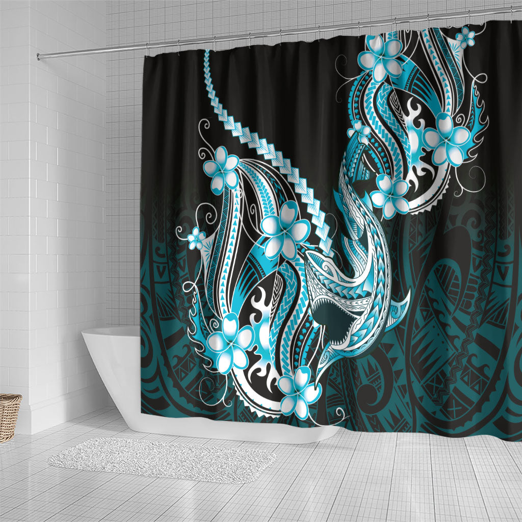 Blue Black Aloha Hawaii Shower Curtain Polynesian Shark Tattoo Plumeria LT14 - Polynesian Pride