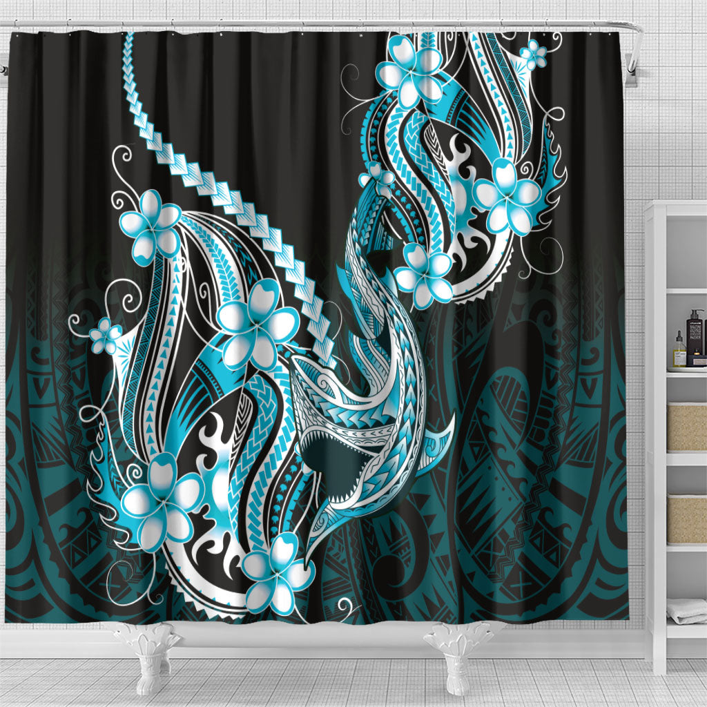 Blue Black Aloha Hawaii Shower Curtain Polynesian Shark Tattoo Plumeria LT14 - Polynesian Pride