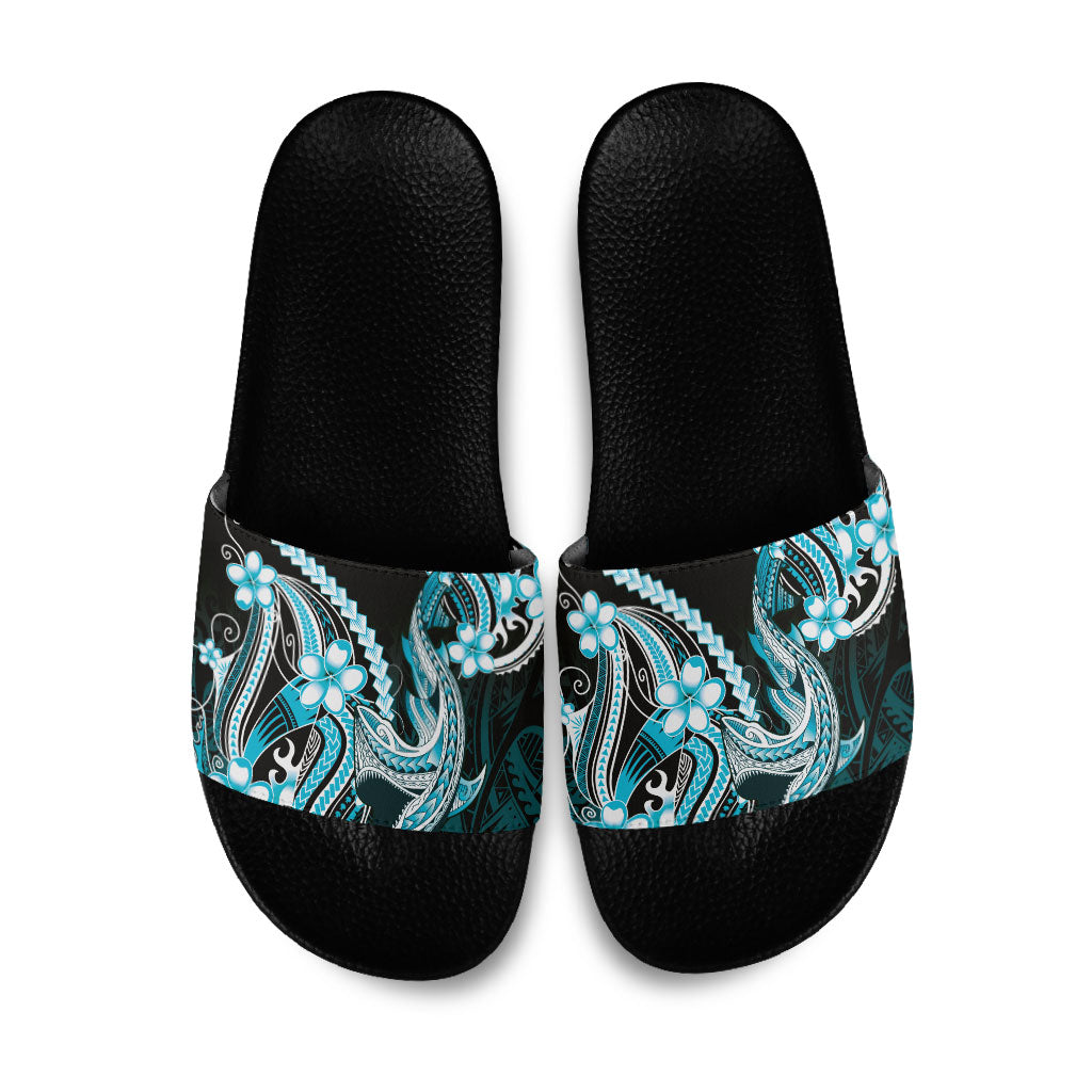 Blue Black Aloha Hawaii Slide Sandals Polynesian Shark Tattoo Plumeria LT14 Blue - Polynesian Pride