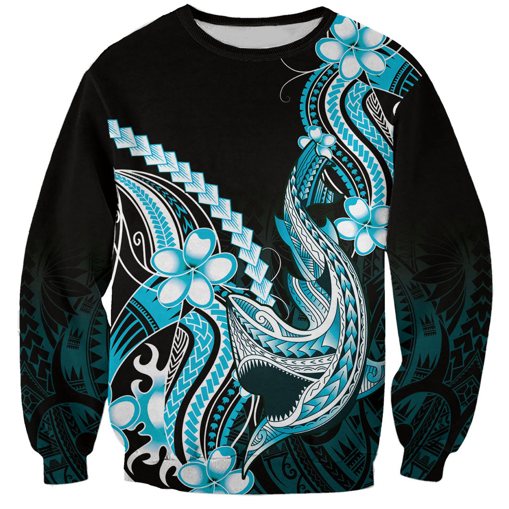Blue Black Aloha Hawaii Sweatshirt Polynesian Shark Tattoo Plumeria LT14 Unisex Blue - Polynesian Pride