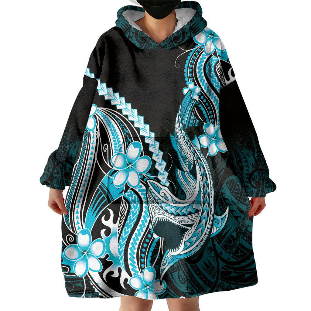 Blue Black Aloha Hawaii Wearable Blanket Hoodie Polynesian Shark Tattoo Plumeria LT14 - Polynesian Pride