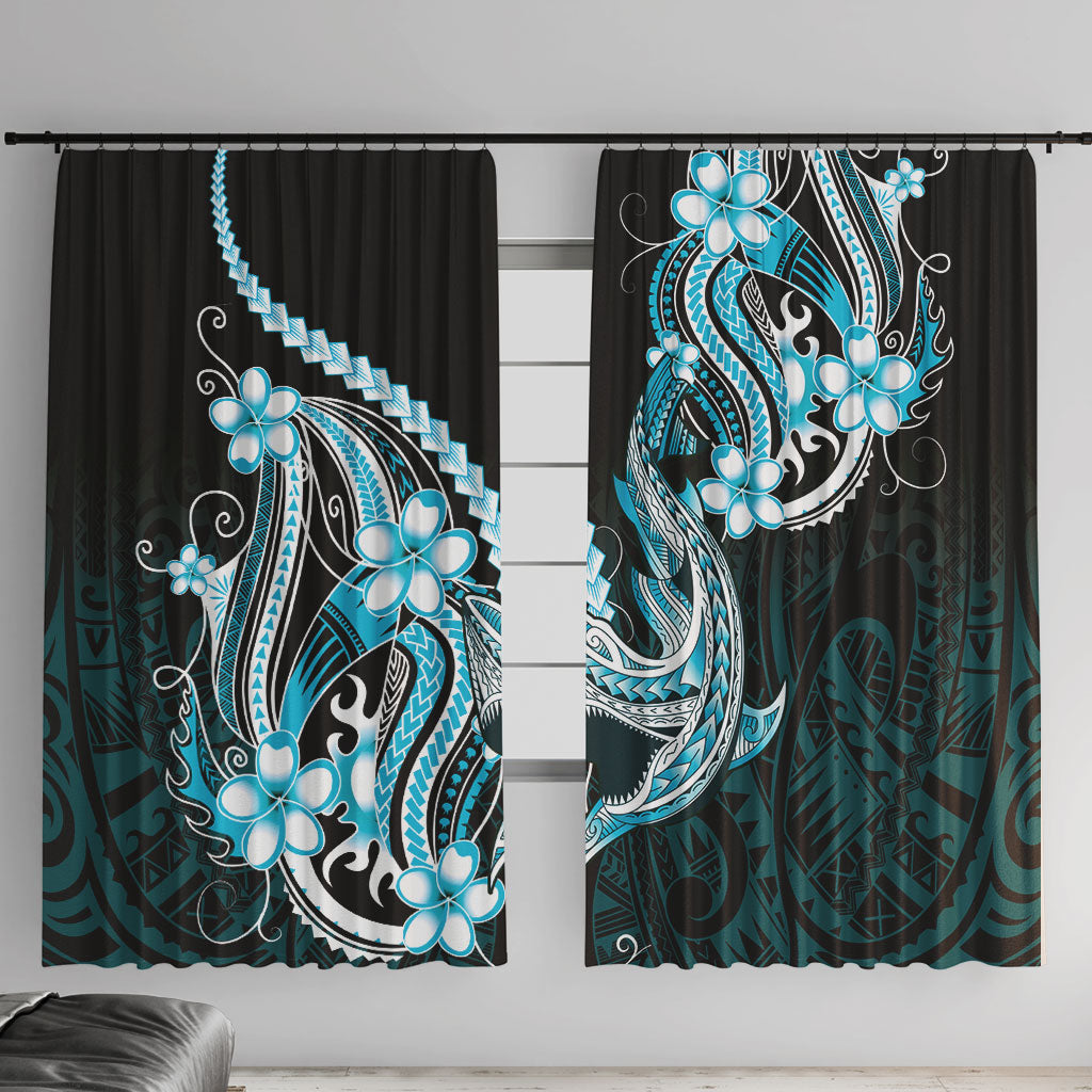 Blue Black Aloha Hawaii Window Curtain Polynesian Shark Tattoo Plumeria LT14 With Hooks Blue - Polynesian Pride